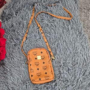 MCM Cognac Crossbody Bag with Logo Print